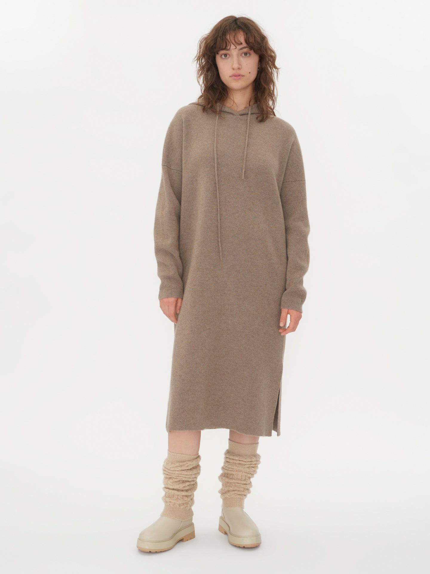Women's Cashmere Hooded Chunky Dress Taupe - Gobi Cashmere