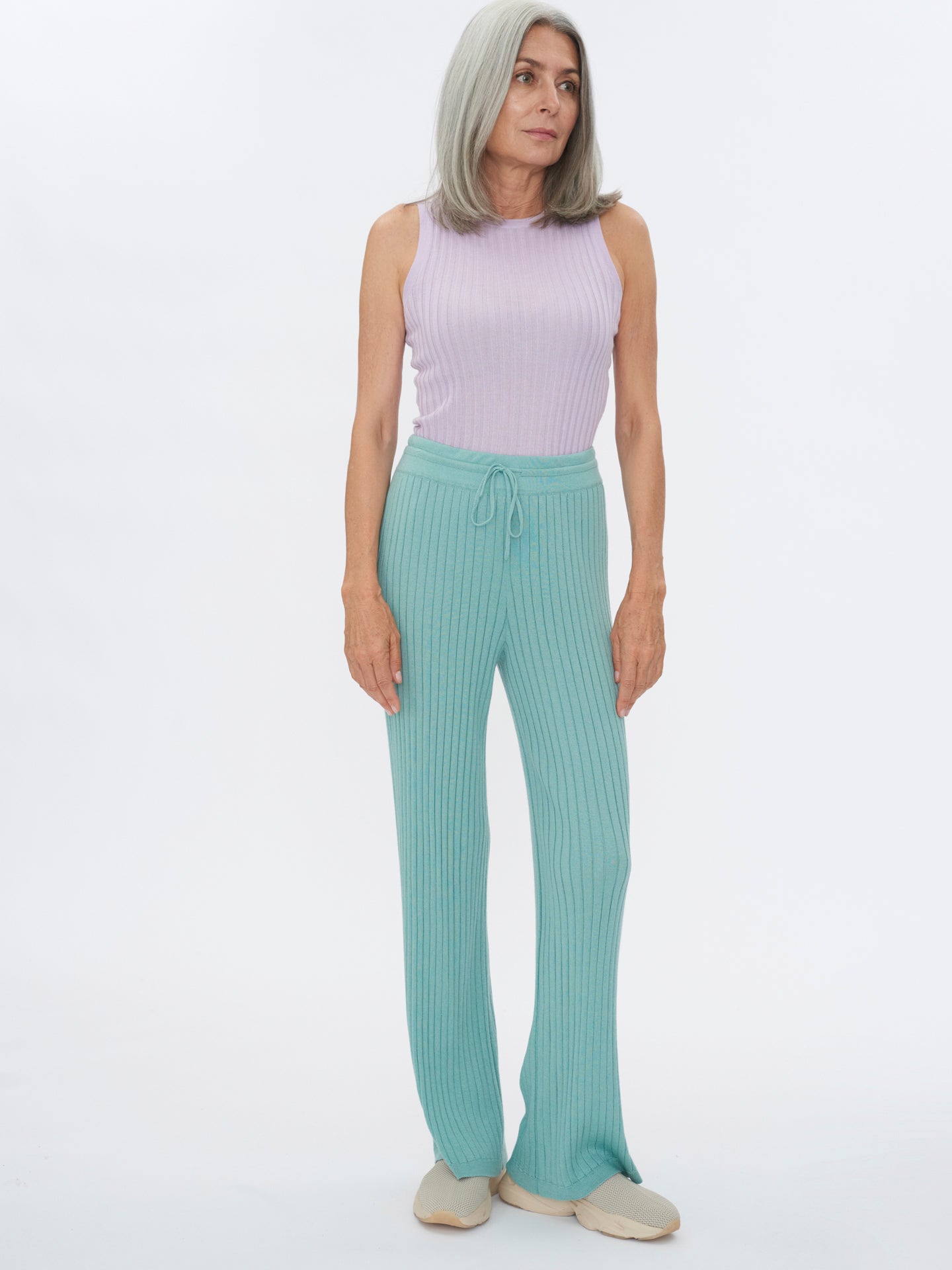 Women's Silk Cashmere Ribbed Pants Gray Mist - Gobi Cashmere