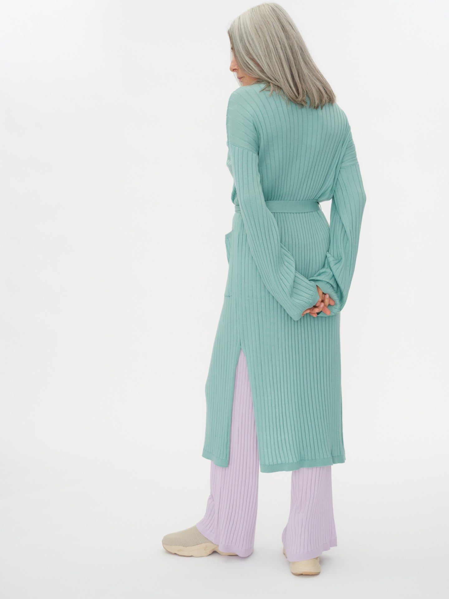 Women's Silk Cashmere Ribbed Long Cardigan Gray Mist - Gobi Cashmere