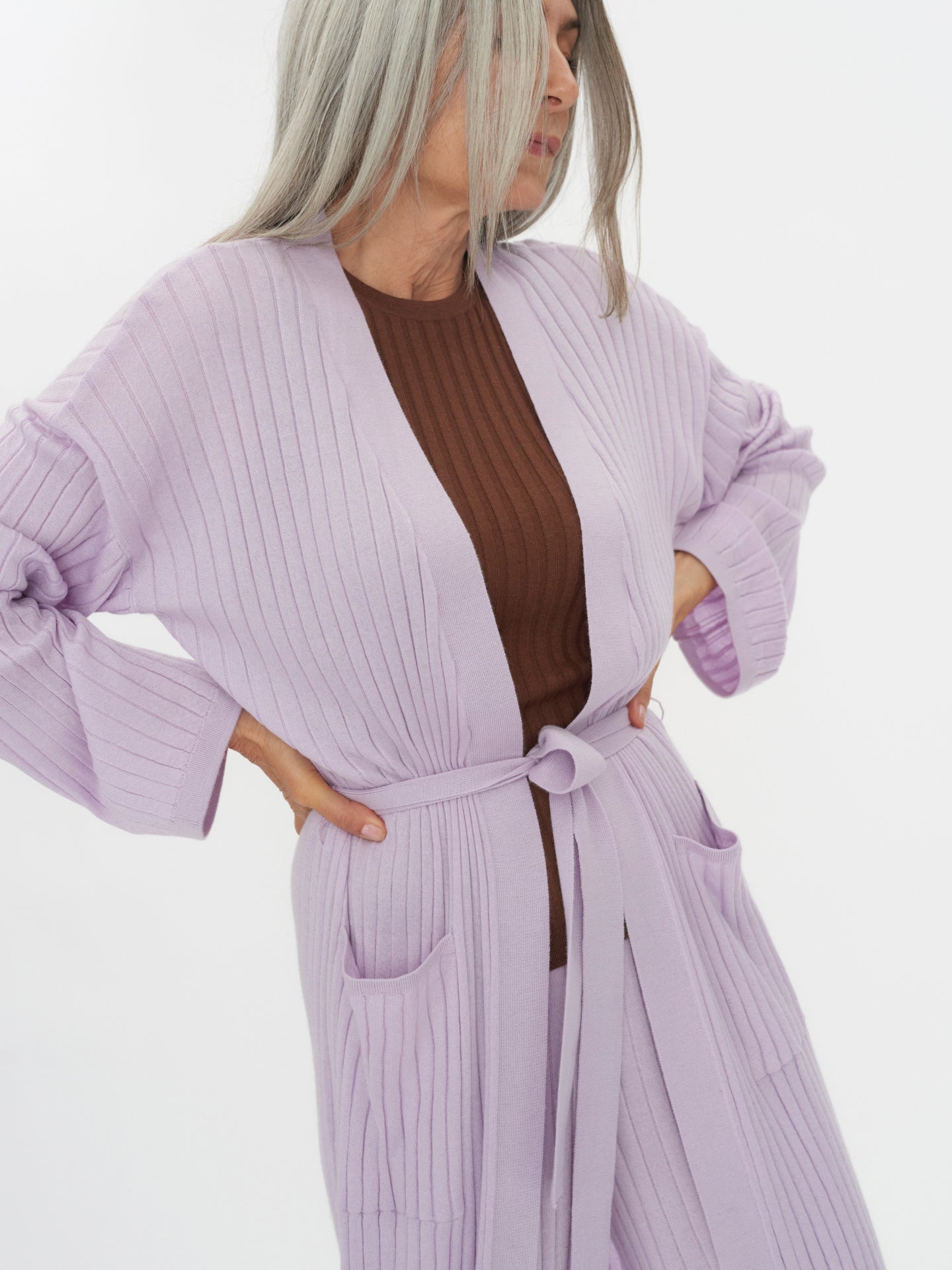 Women's Silk Cashmere Ribbed Long Cardigan Orchid Tint - Gobi Cashmere