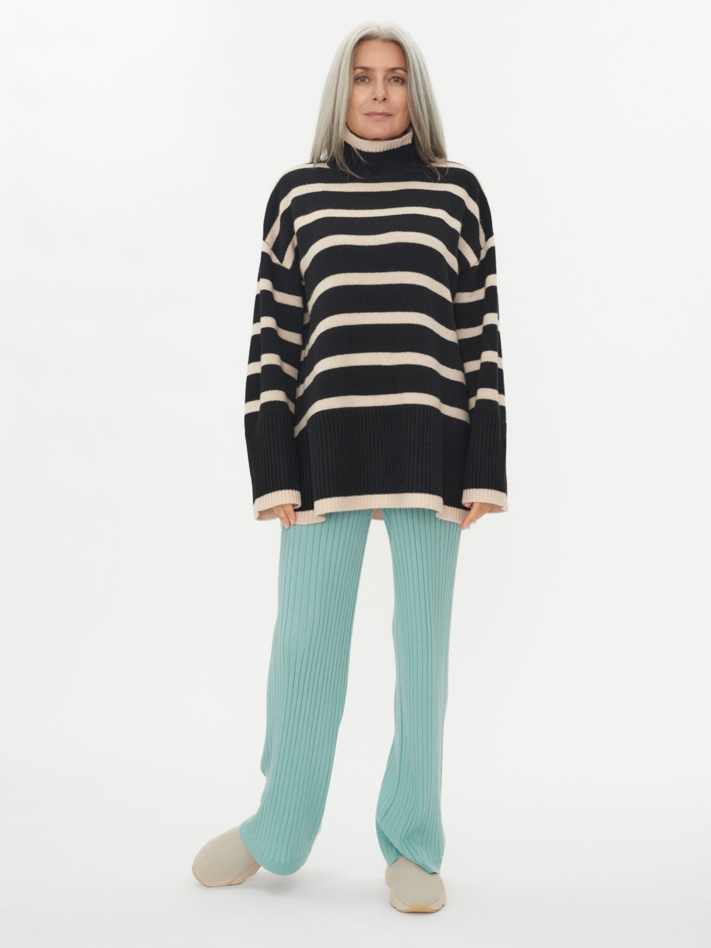 Women's Cashmere Striped Mock Neck Sweater Black - Gobi Cashmere