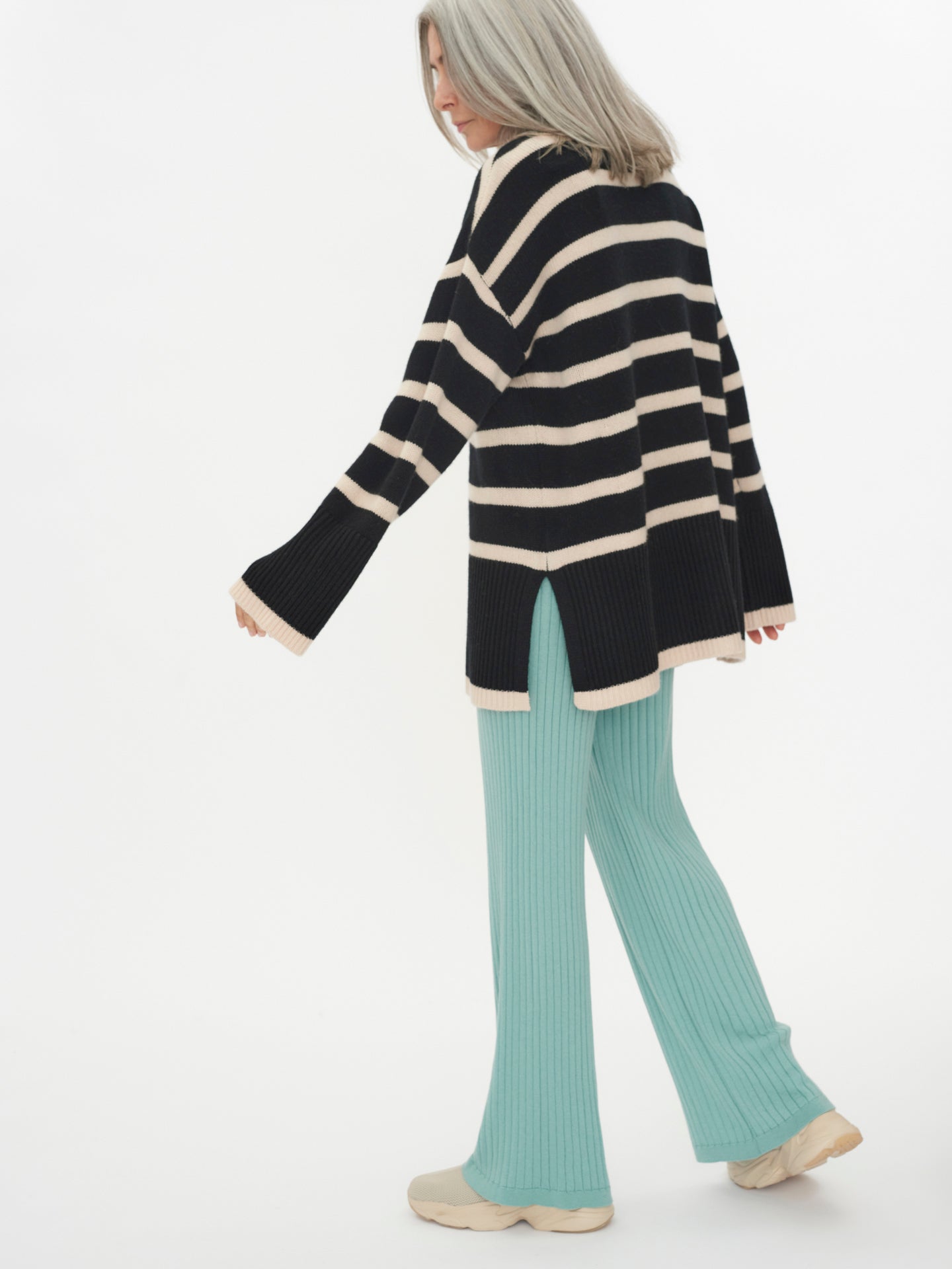 Women's Cashmere Striped Mock Neck Sweater Black - Gobi Cashmere