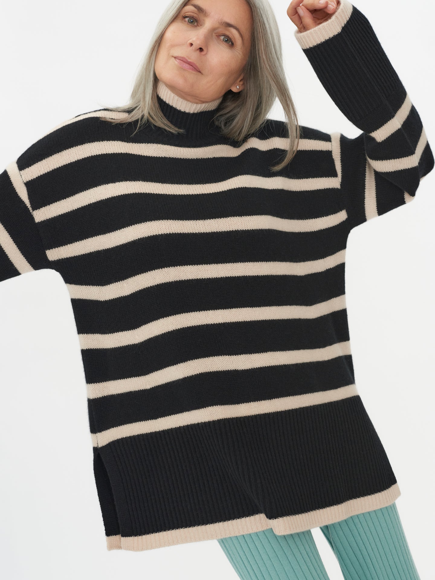 Women's Cashmere Striped Mock Neck Sweater Black - Gobi Cashmere