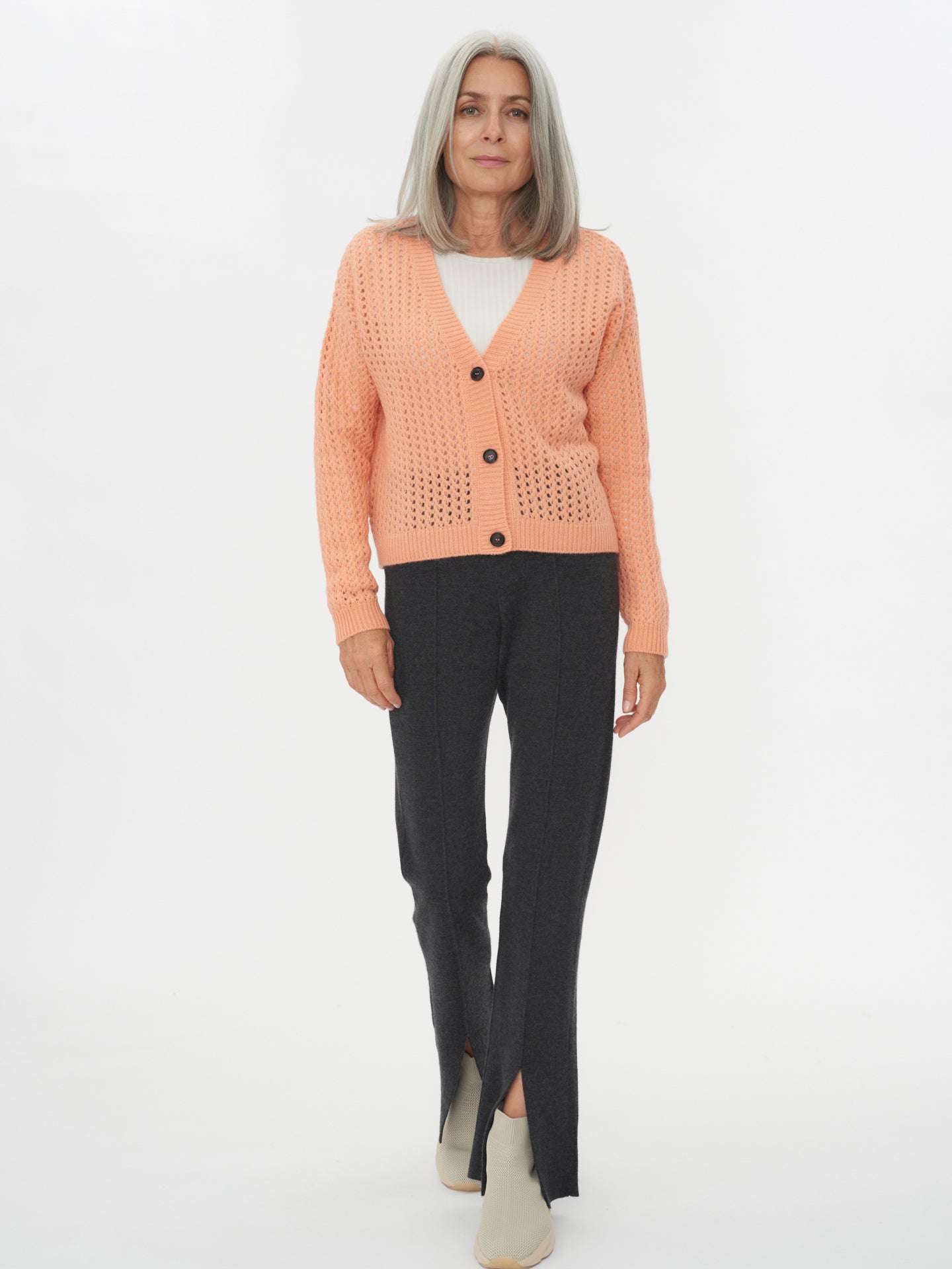 Women's Cashmere Ajour Knit Cardigan Peach Nectar - Gobi Cashmere