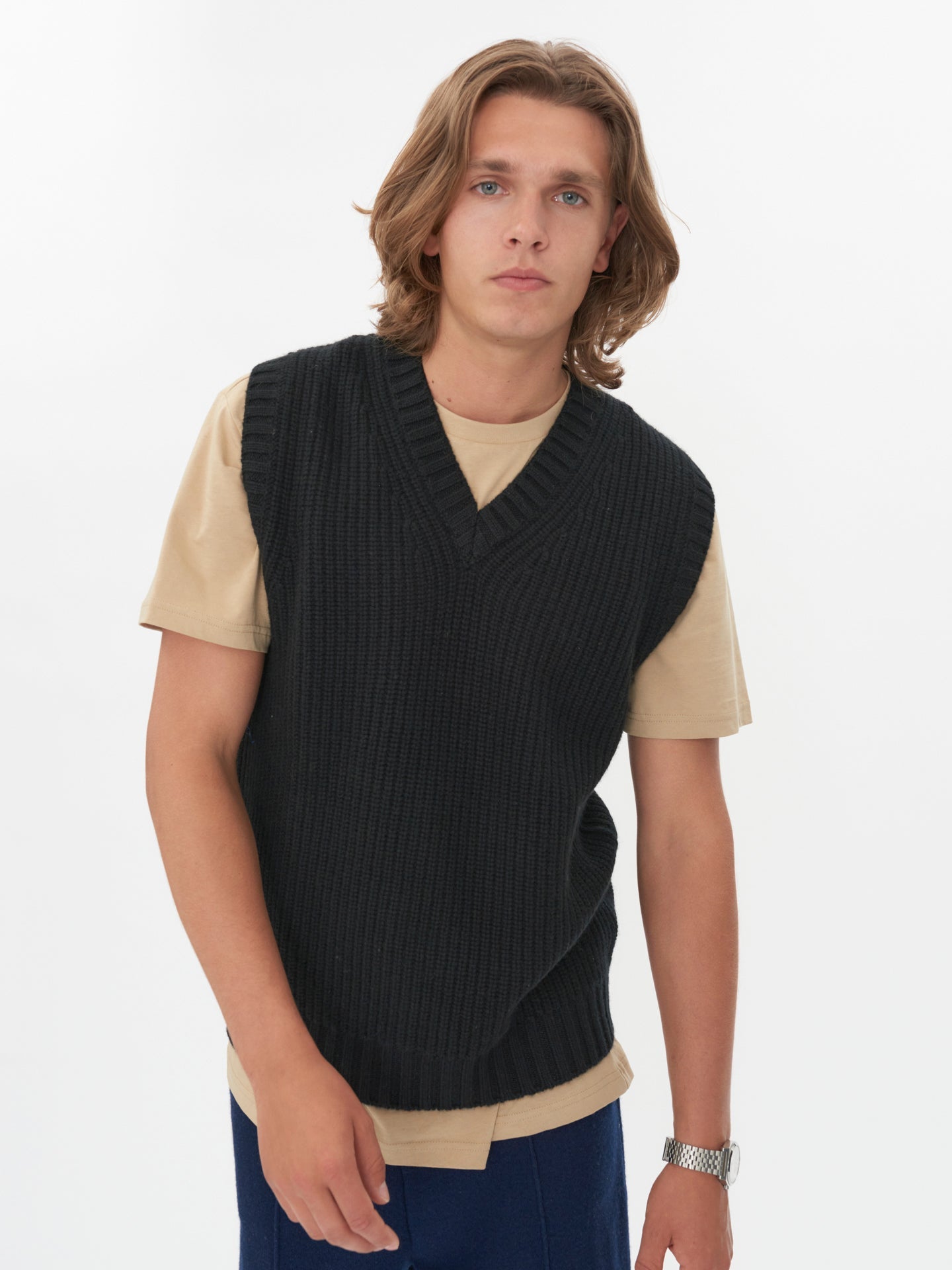Men's Cashmere Chunky Mouline Vest Black - Gobi Cashmere