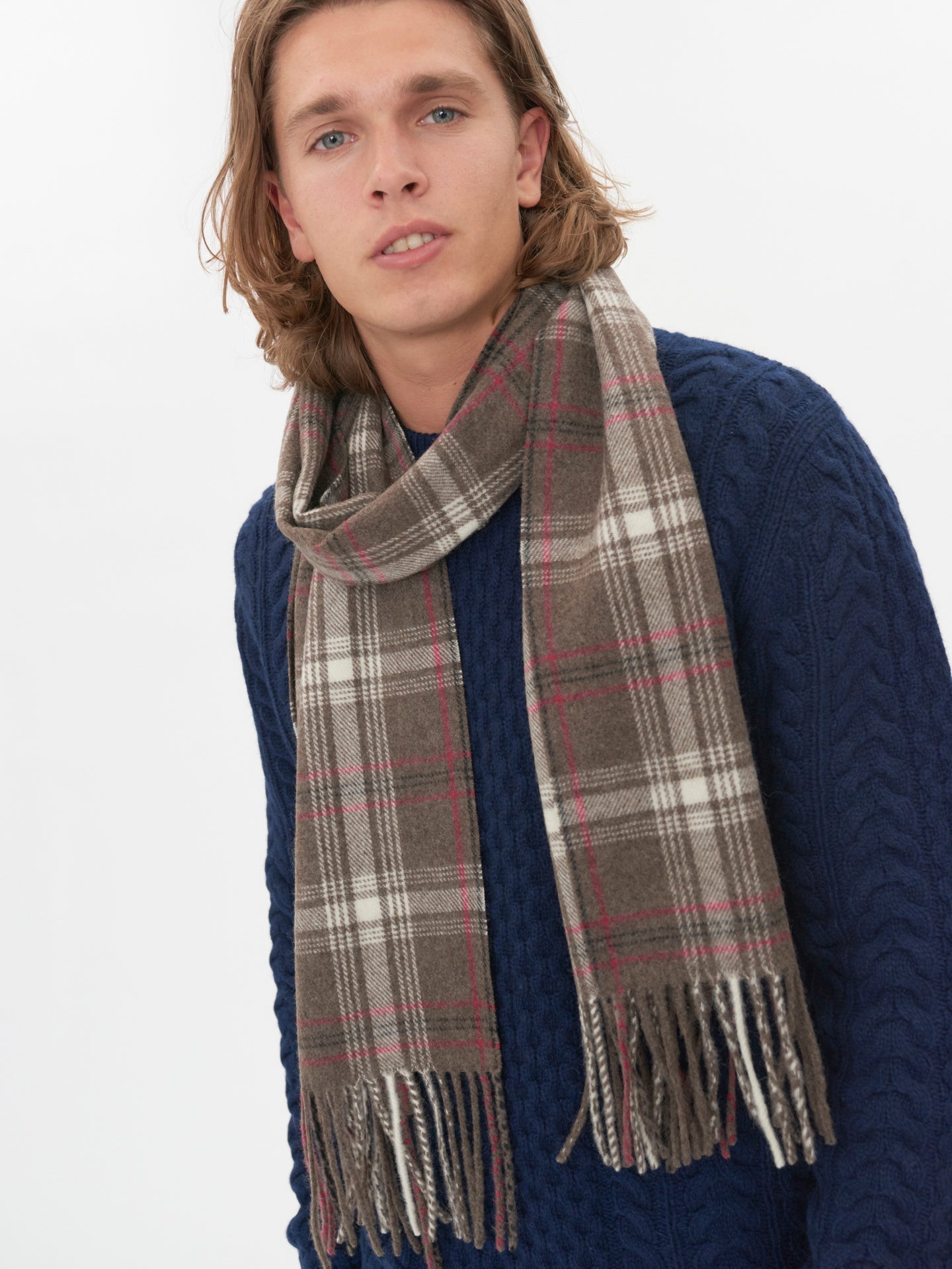 Unisex Cashmere Fringed Checked Scarf Cocoa - Gobi Cashmere