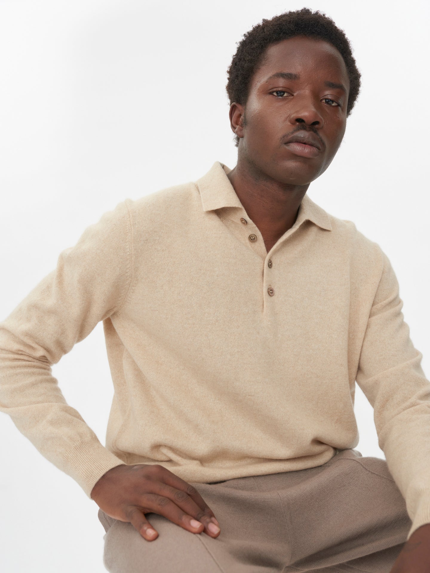 Men's Cashmere Polo Sweater Beige - Gobi Cashmere