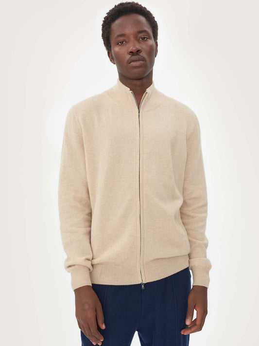 Men's Cashmere Organic Color Full-Zip Cardigan Taupe - Gobi Cashmere