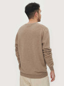 close up back view of a beige sweater and white pants on a light gray background #color_taupe