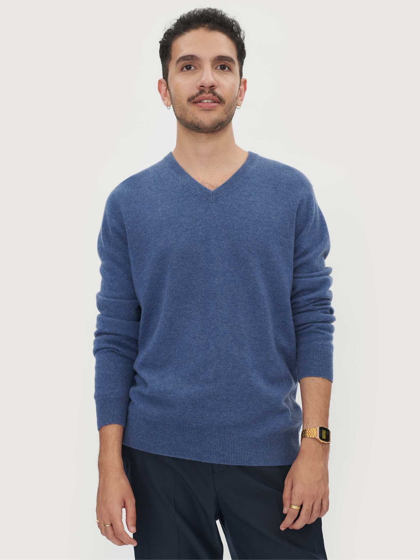Men's Cashmere Basic V-Neck Sweater Bijou Blue - Gobi Cashmere