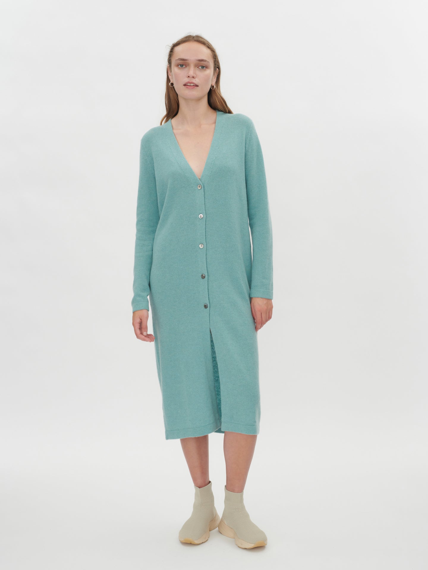 Women's Cashmere Long Button Cardigan Gray Mist - Gobi Cashmere 