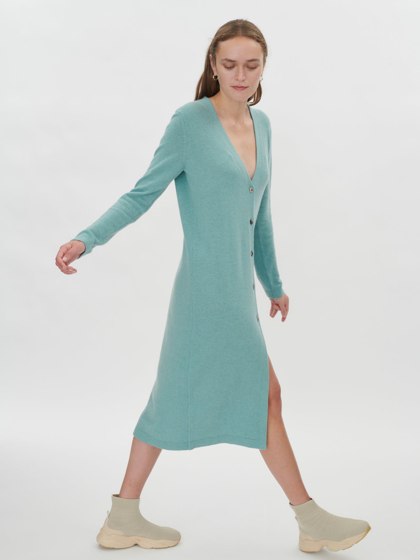Women's Cashmere Long Button Cardigan Gray Mist - Gobi Cashmere 