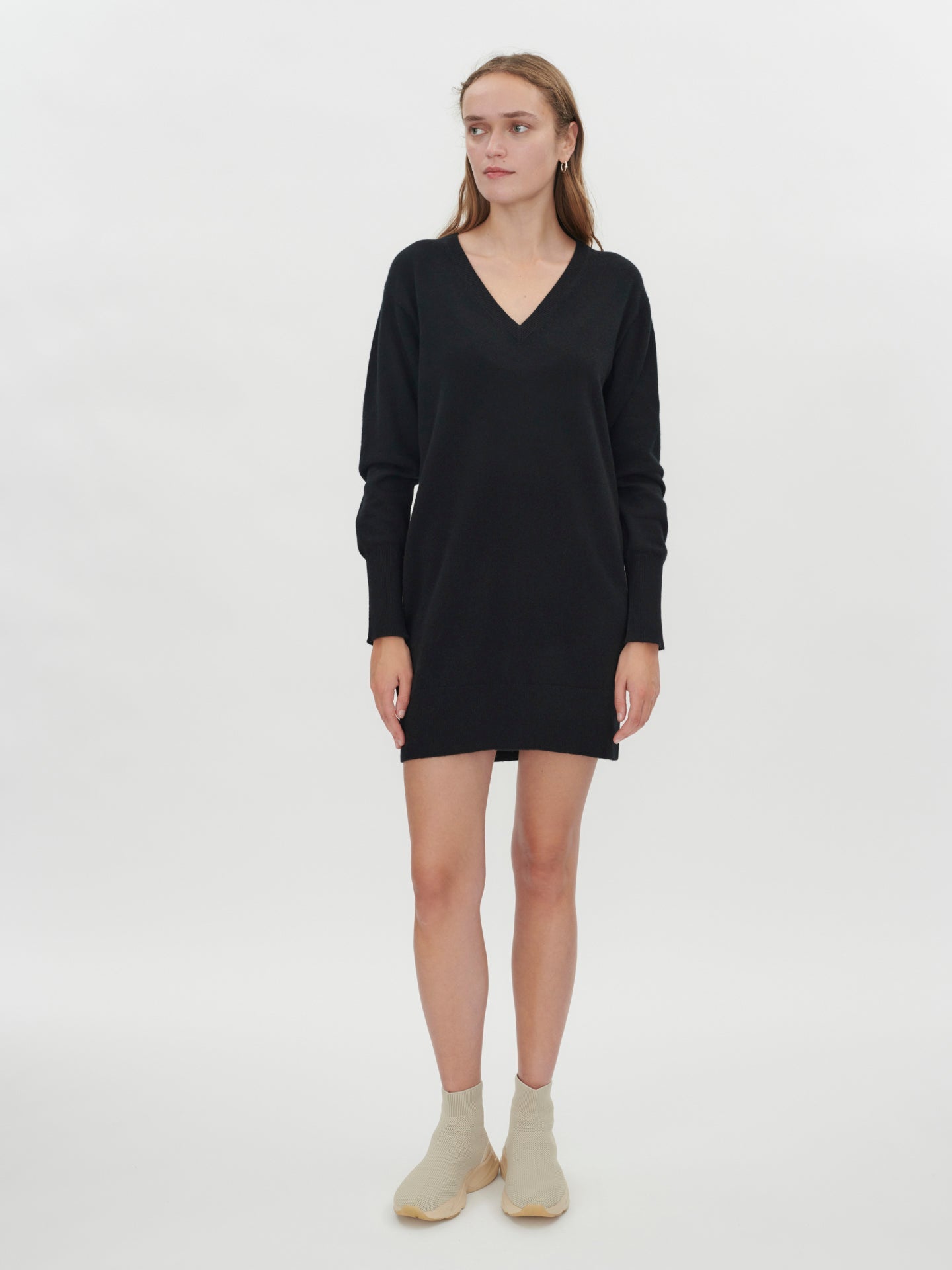 Women's Cashmere V-neck Tunic Dress Black - Gobi Cashmere