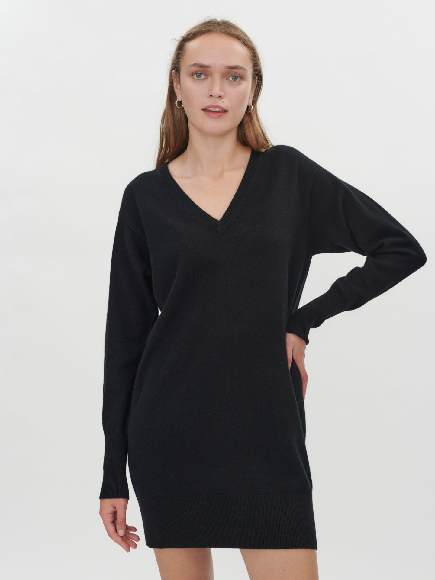 Women's Cashmere V-neck Tunic Dress Black - Gobi Cashmere
