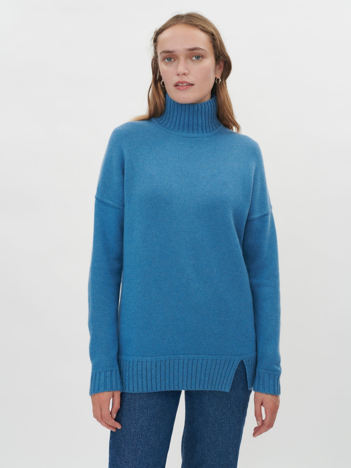 Women's Cashmere Front Slit Hem T-Neck Blue Heaven - Gobi Cashmere