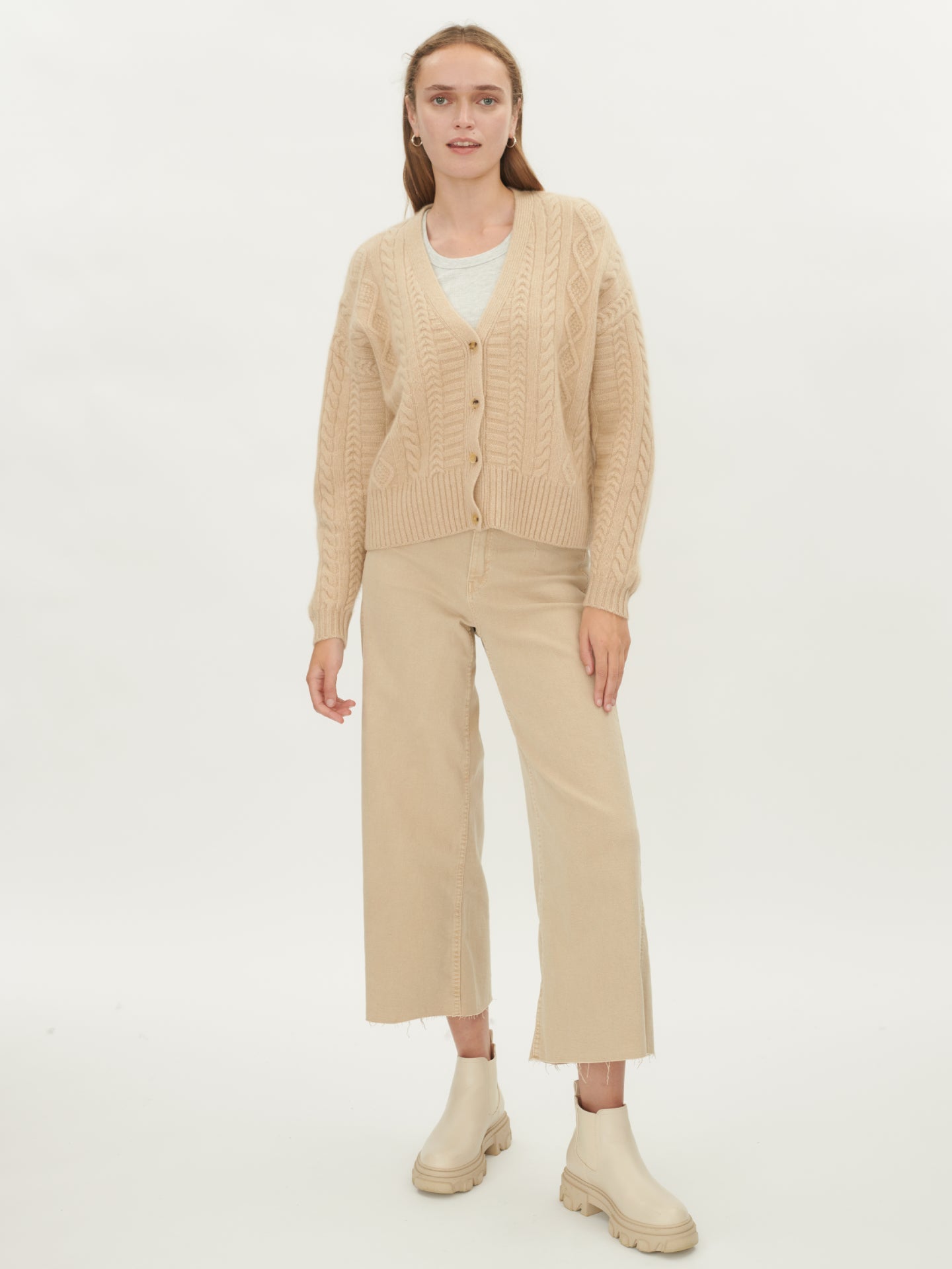 Women's Cashmere Chunky Cable Cardigan Beige - Gobi Cashmere