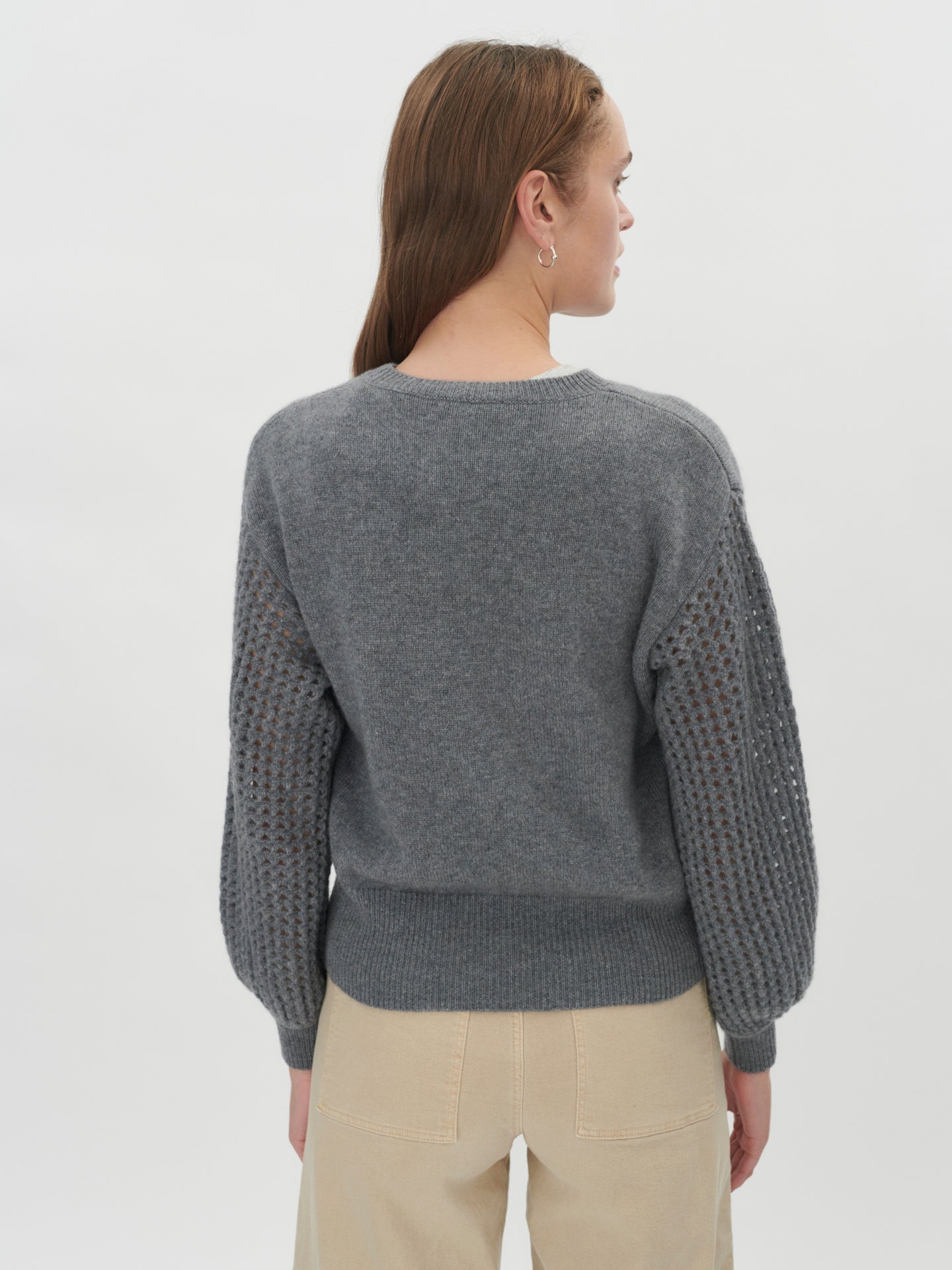 Women's Cashmere Ajour Sleeve Crew Neck Dim Gray - Gobi Cashmere