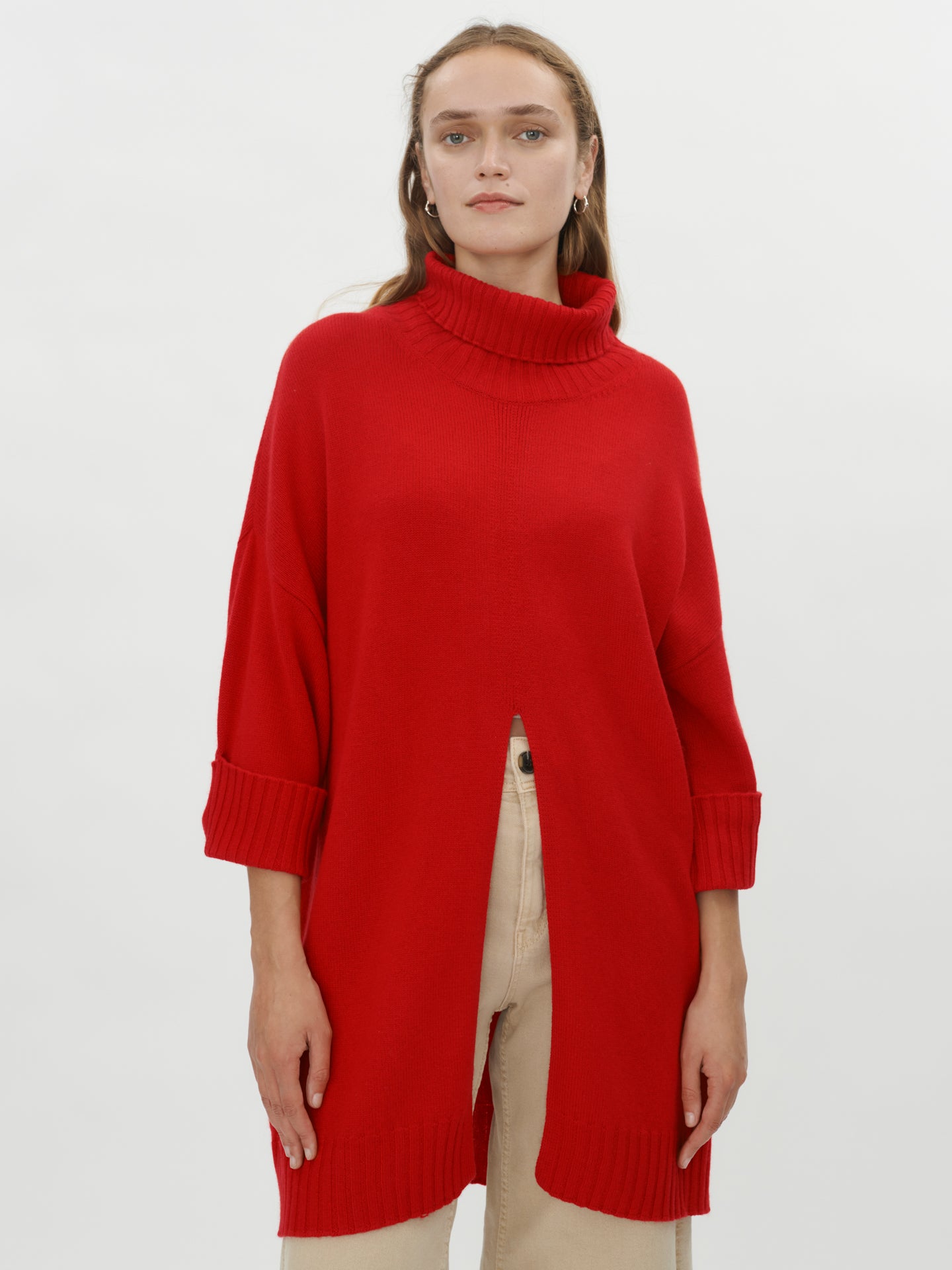 Women's Cashmere Front Slit Turtle Neck Red - Gobi Cashmere