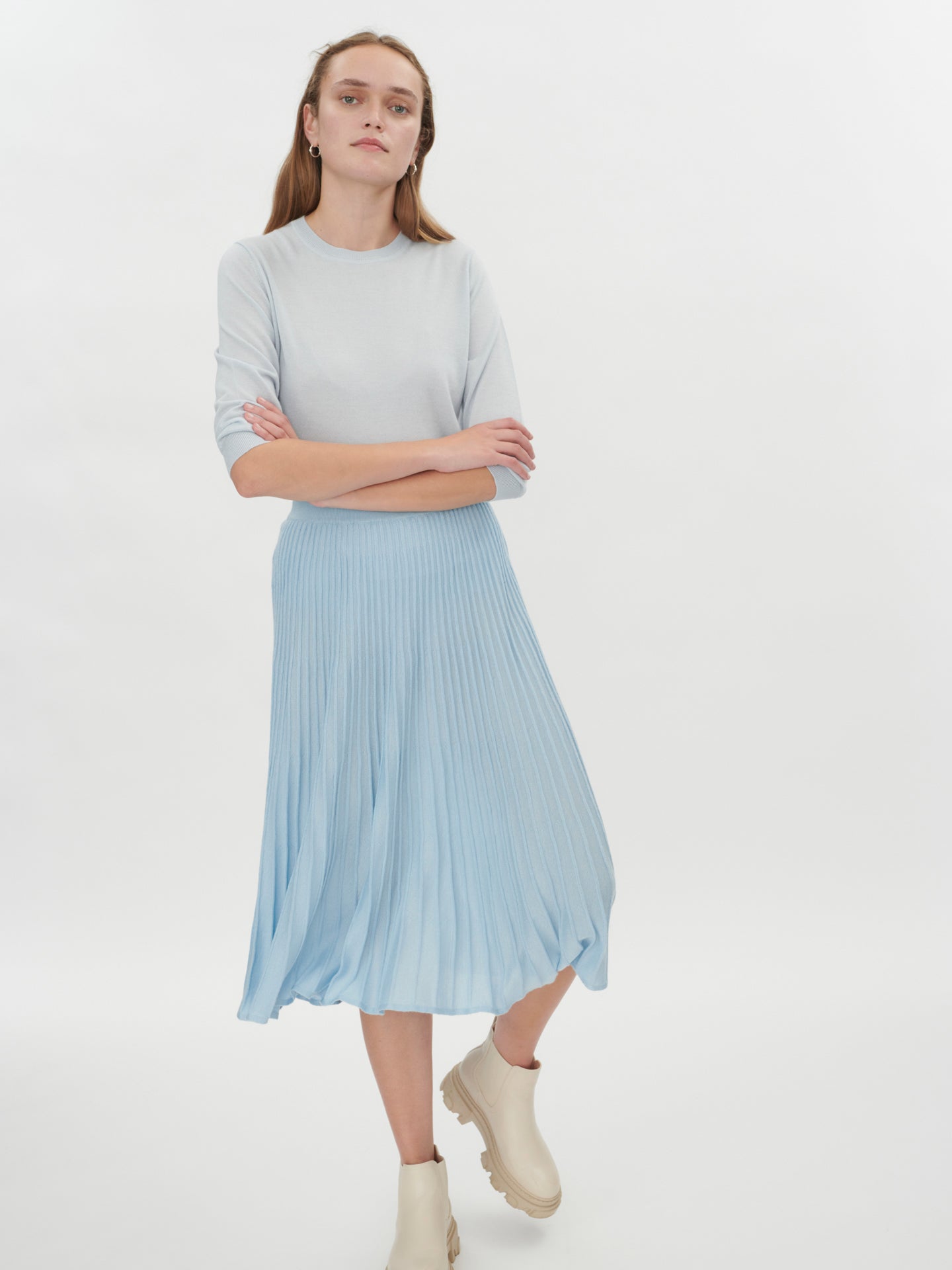Women's Silk Cashmere Midi Skirt Cerulean - Gobi Cashmere
