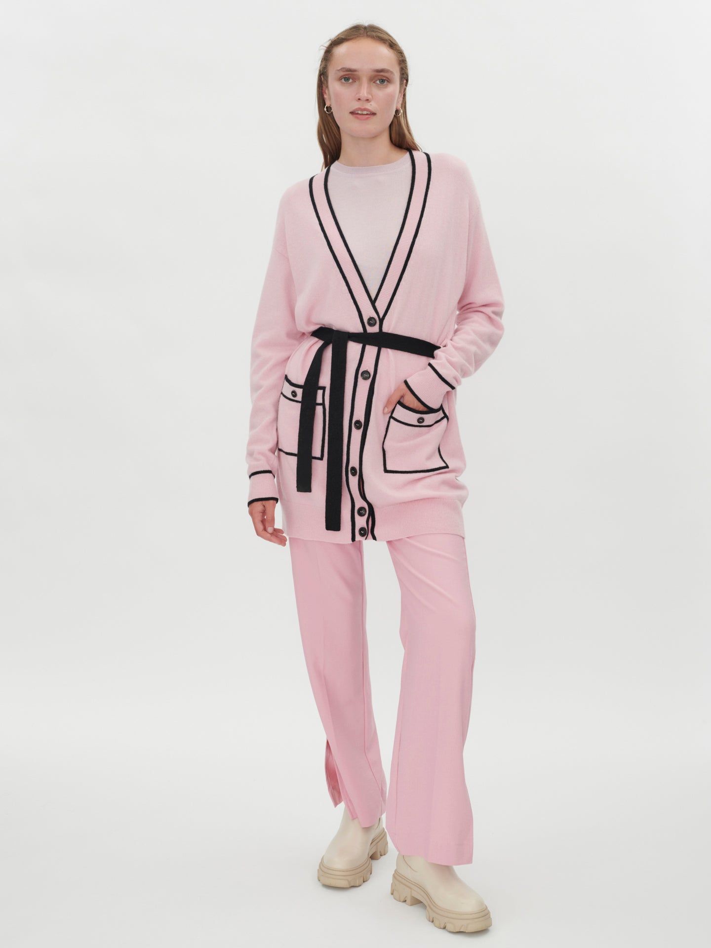 Women's Cashmere Cardigan with Constrast Lines Almond Blossom - Gobi Cashmere
