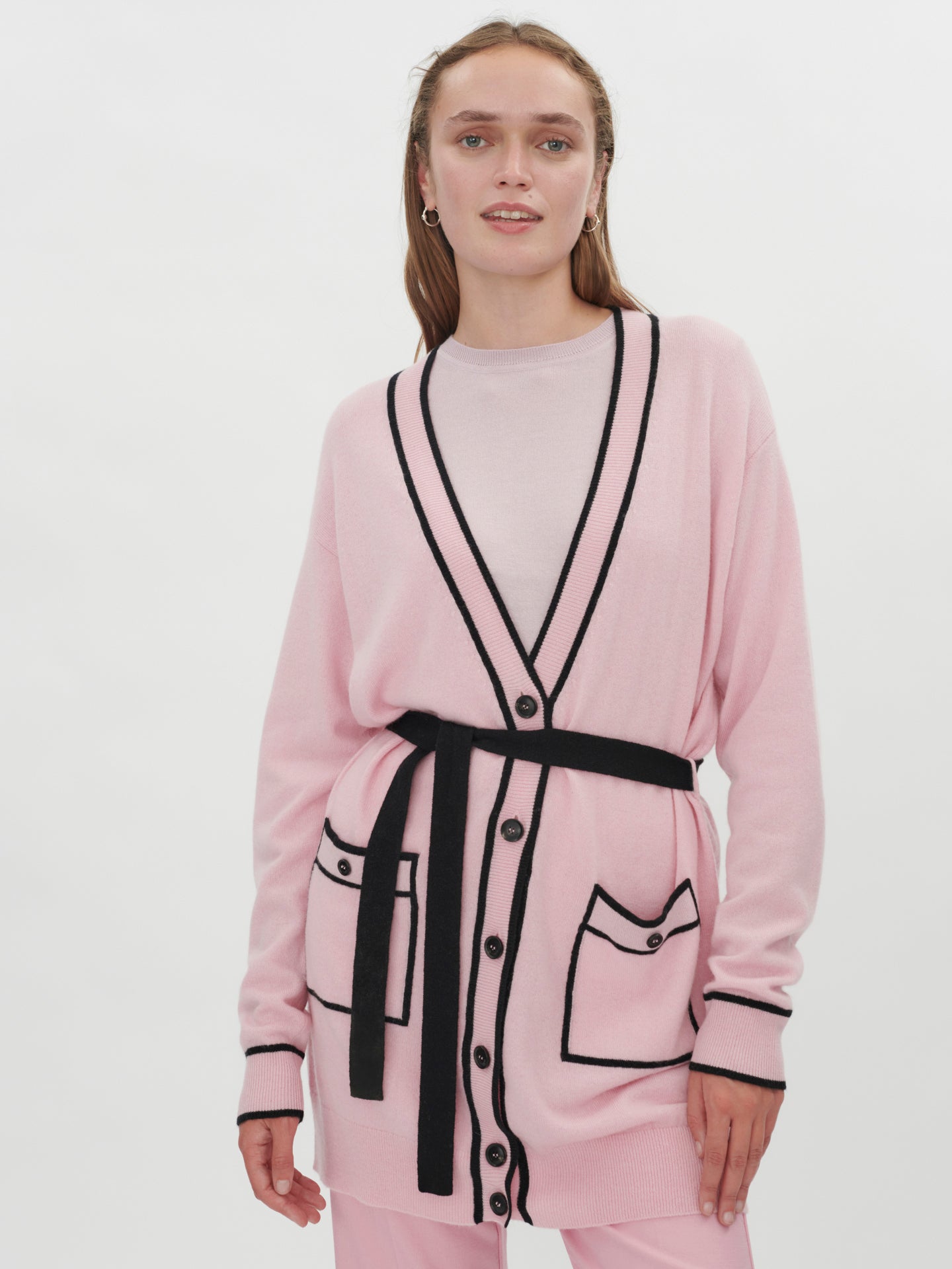 Women's Cashmere Cardigan with Constrast Lines Almond Blossom - Gobi Cashmere