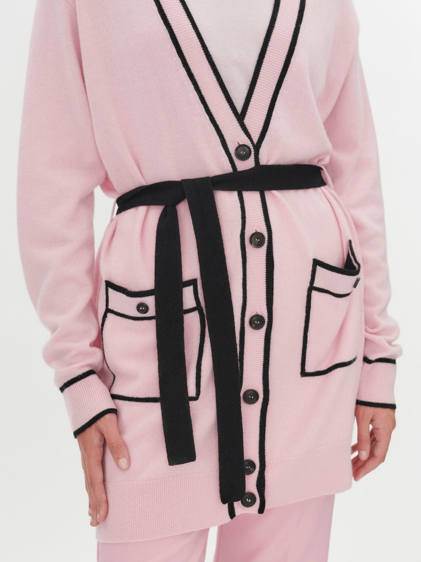 Women's Cashmere Cardigan with Constrast Lines Almond Blossom - Gobi Cashmere
