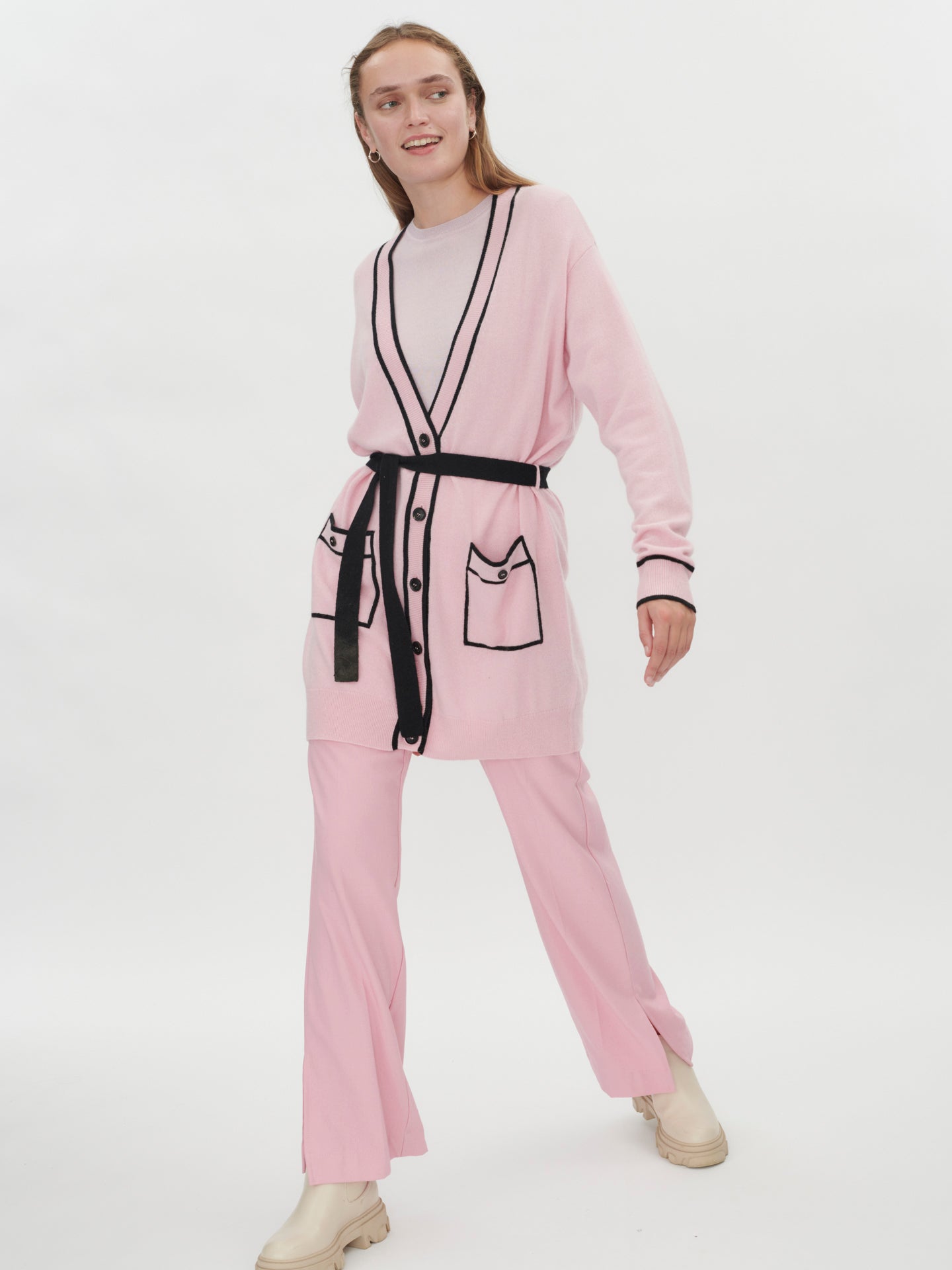 Women's Cashmere Cardigan with Constrast Lines Almond Blossom - Gobi Cashmere
