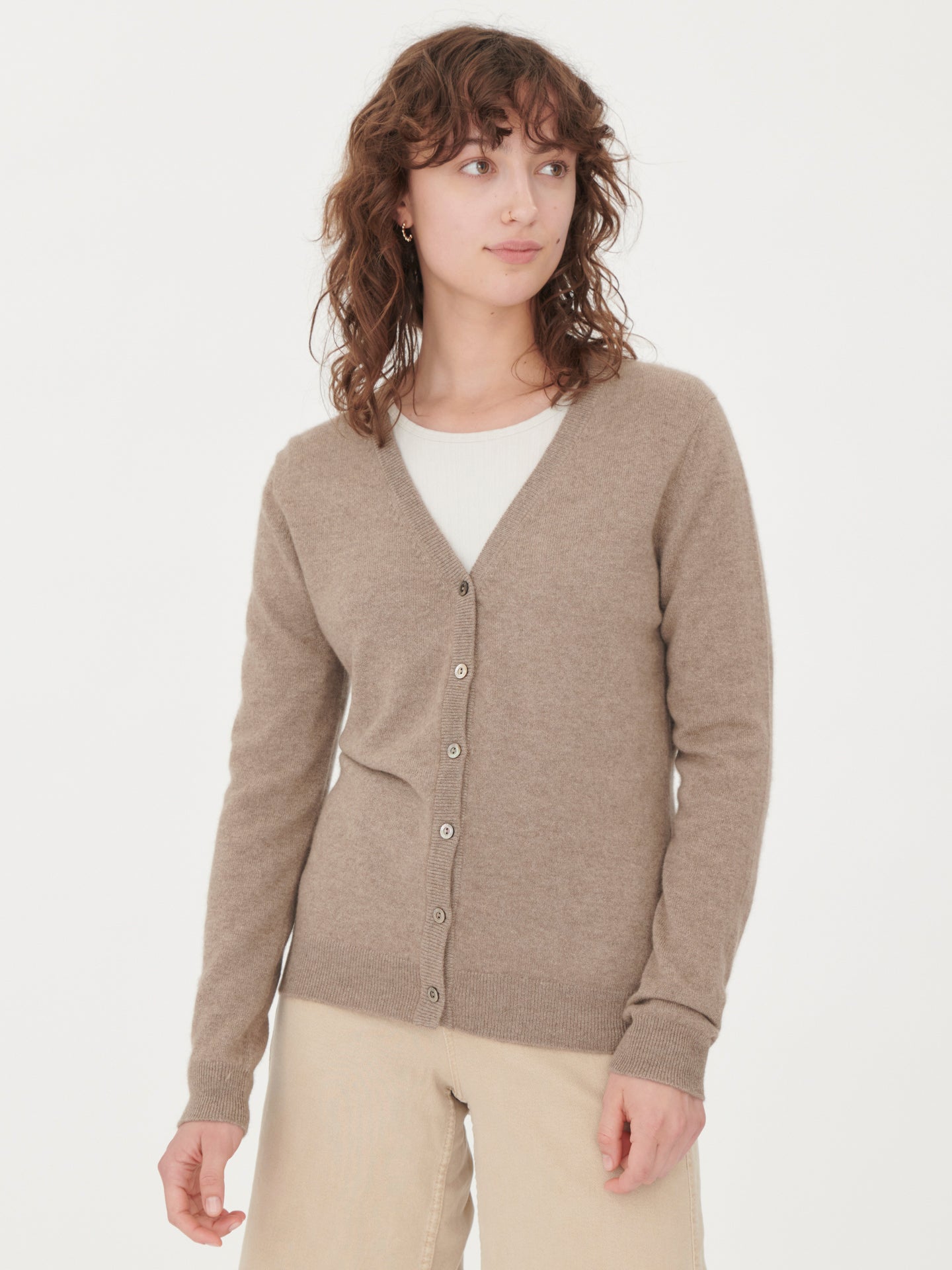 Women's Cashmere V-neck Button Taupe - Gobi Cashmere