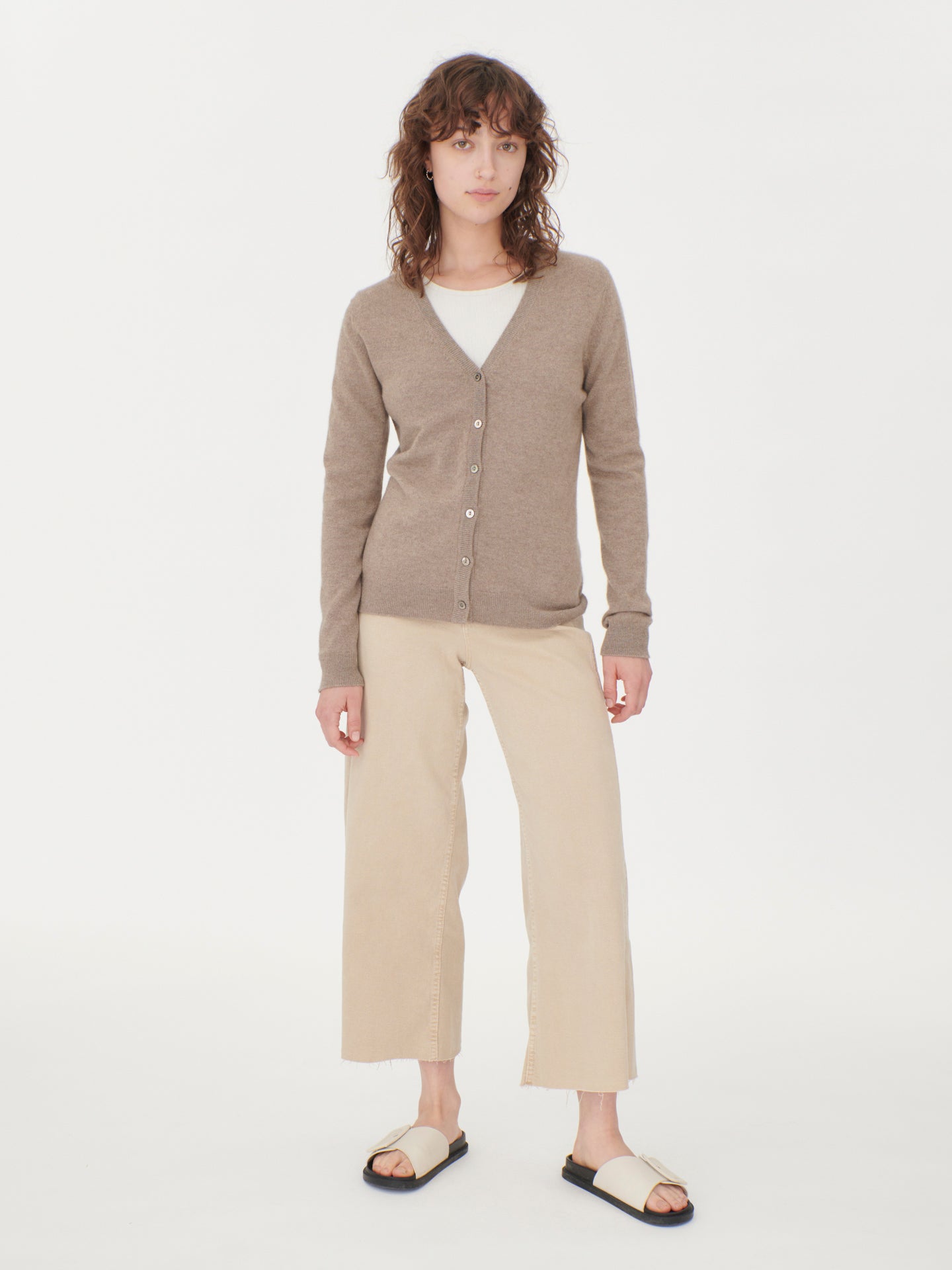 Women's Cashmere V-neck Button Taupe - Gobi Cashmere