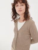 close up front view of a woman wearing a beige v-neck cardigan #color_taupe