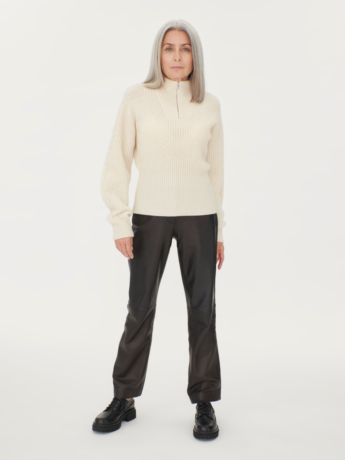 Women's Cashmere Zip Detailed Rib Polo Off White - Gobi Cashmere