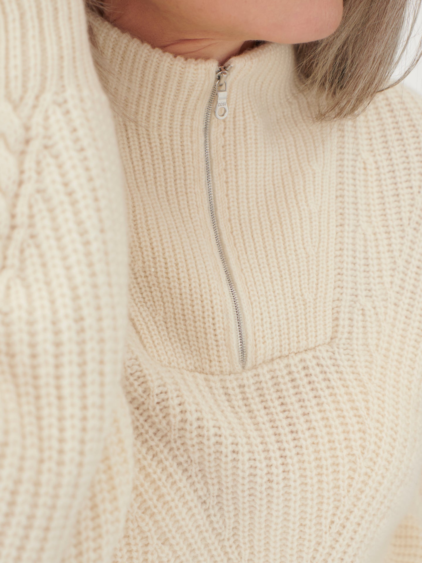 Women's Cashmere Zip Detailed Rib Polo Off White - Gobi Cashmere