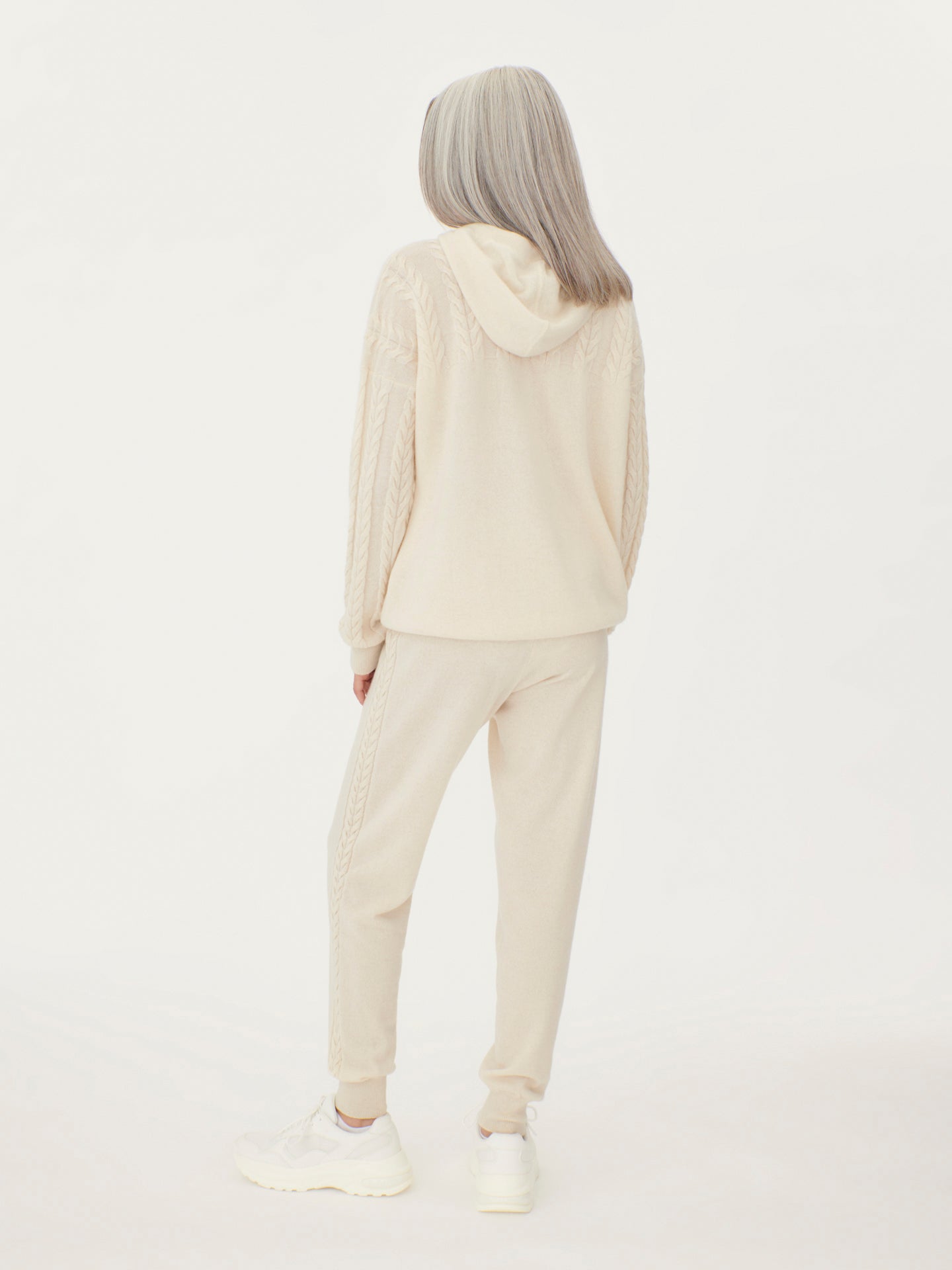 Women's Cashmere Hoodie With Cable Knitted Sleeves Off White - Gobi Cashmere