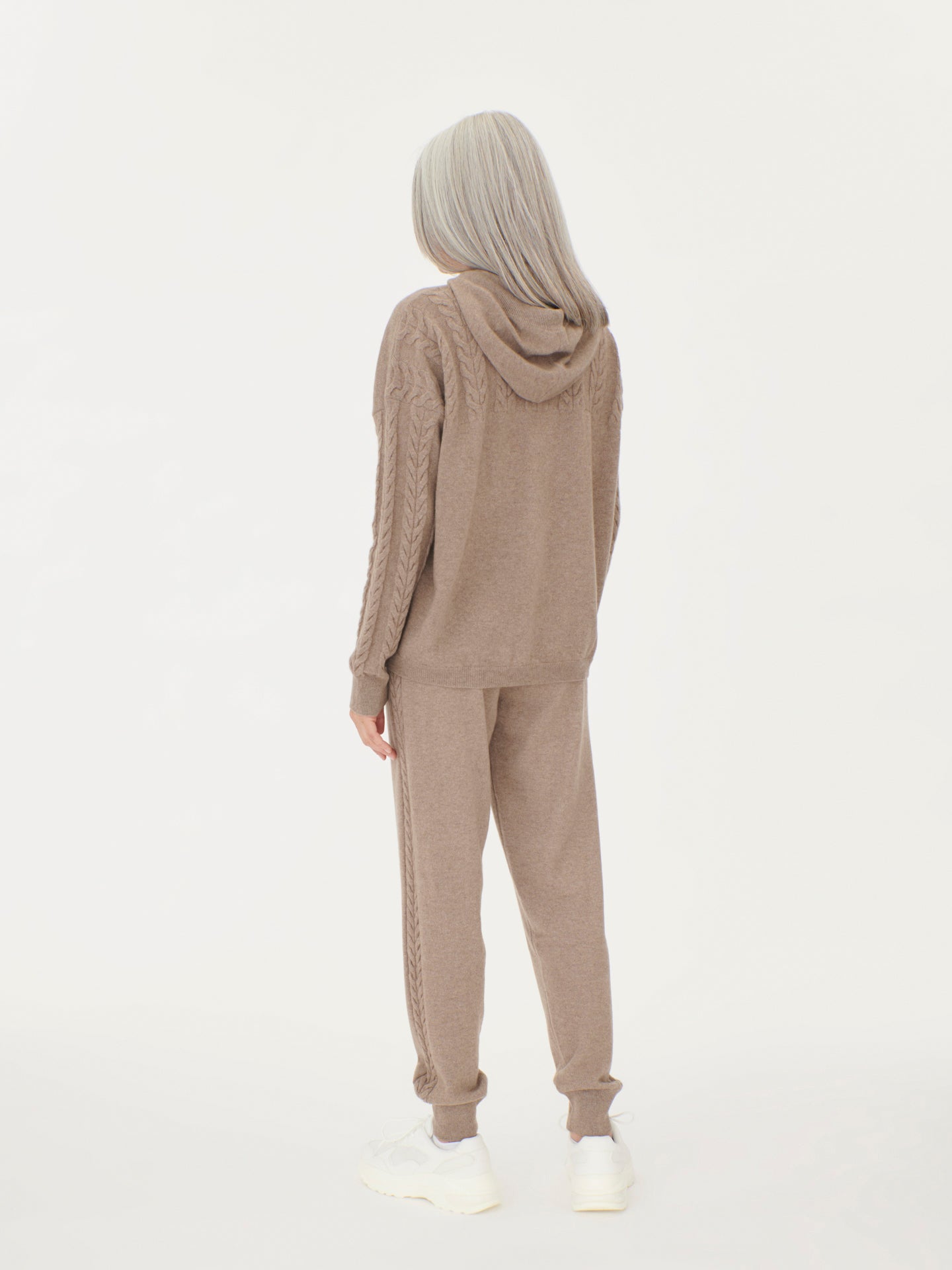 Women's Cashmere Hoodie With Cable Knitted Sleeves Taupe - Gobi Cashmere