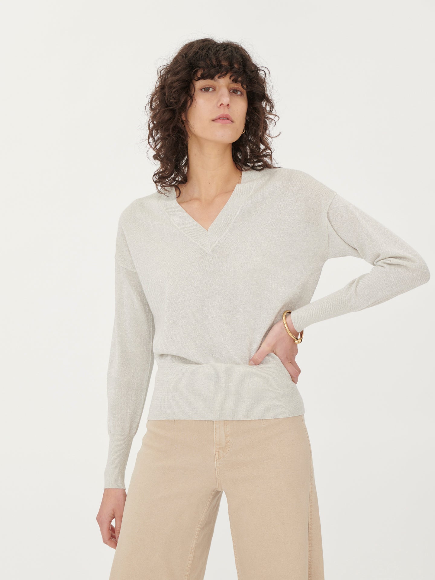 Women's Silk Cashmere V-Neck Whisper White - Gobi Cashmere