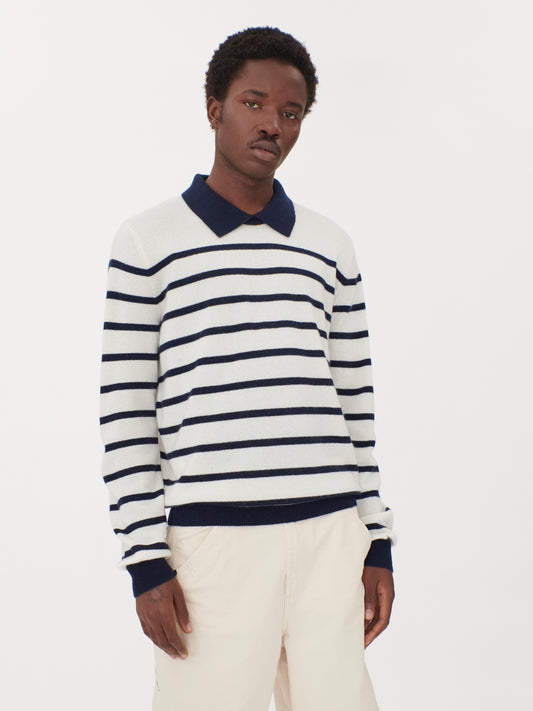 Men's Cashmere Iconic Striped Polo Navy - Gobi Cashmere
