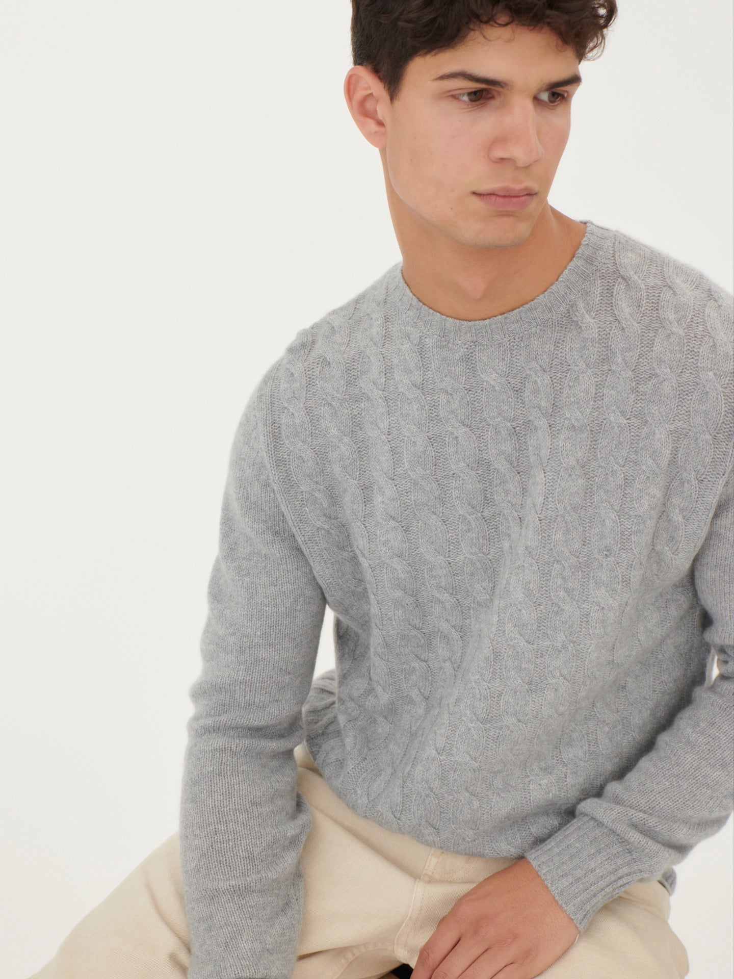 Men's Cashmere Cable Knit Crew Neck Vapor Blue - Gobi Cashmere