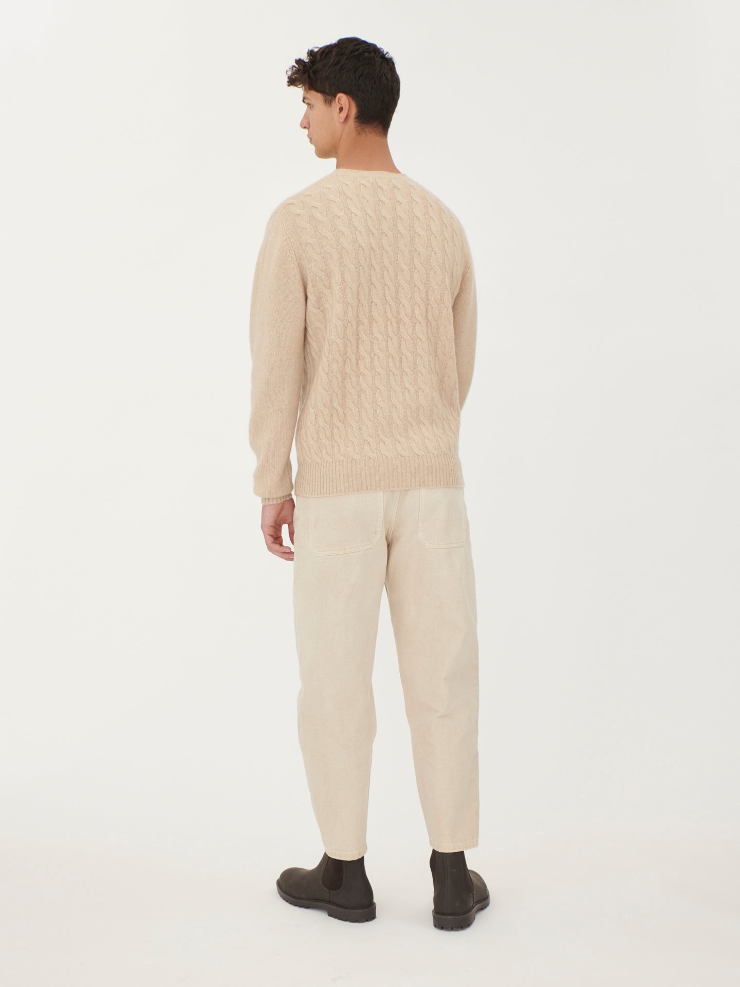 Men's Cashmere Cable Knit Crew Neck Beige - Gobi Cashmere