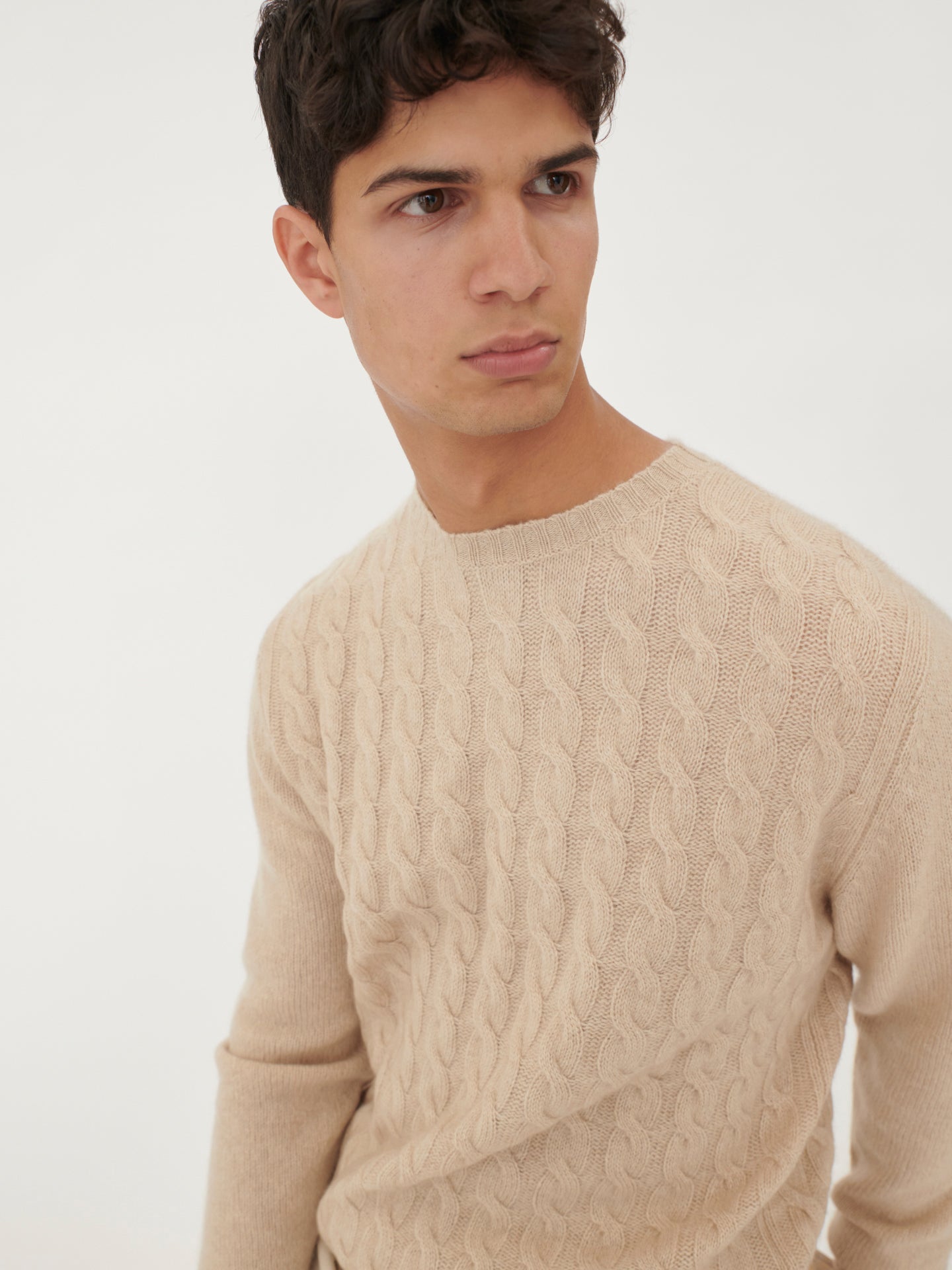 Men's Cashmere Cable Knit Crew Neck Beige - Gobi Cashmere
