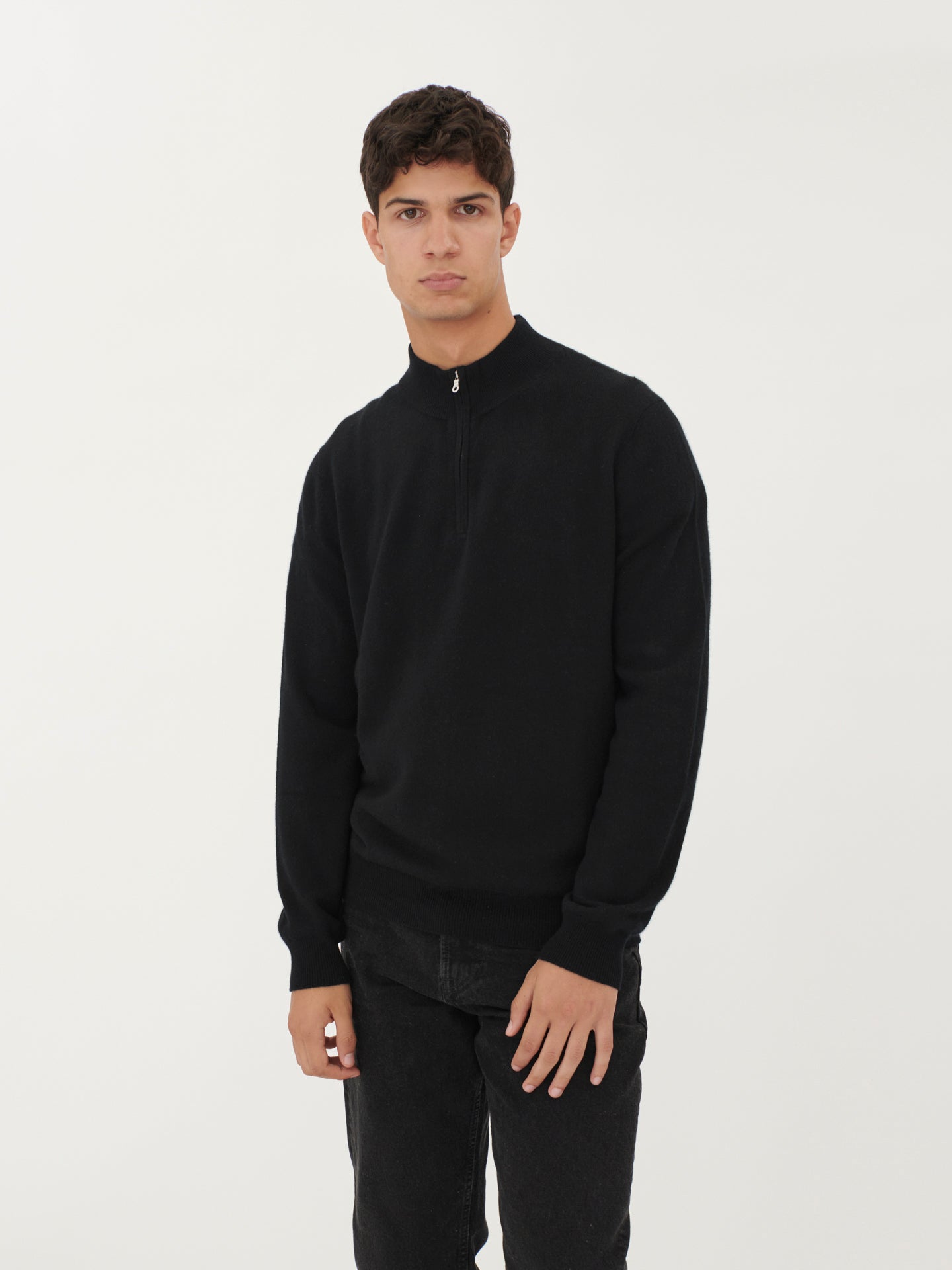 Men's Cashmere Half Zip Polo Black - Gobi Cashmere