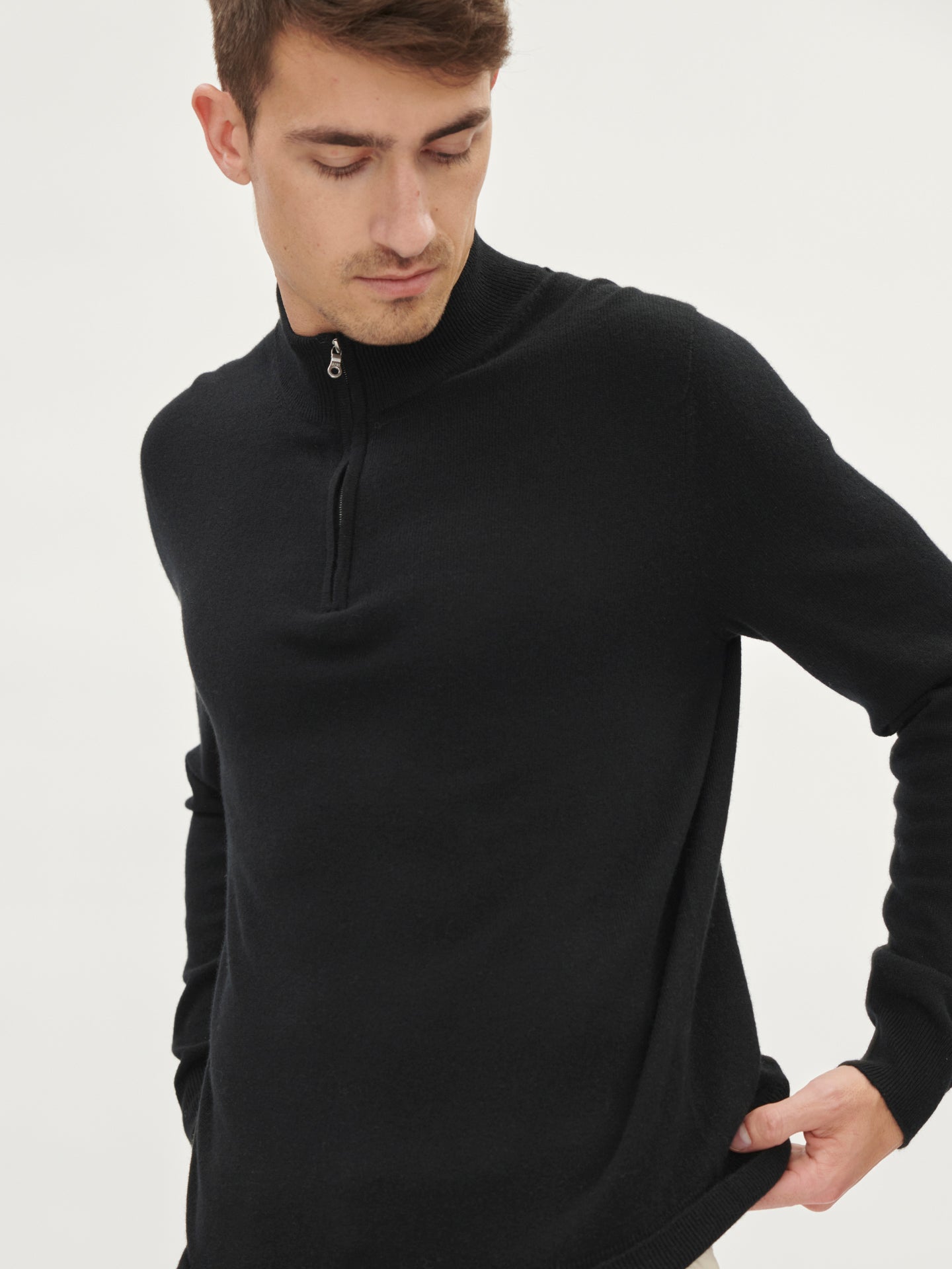 Men's Cashmere Basic Slim Fit Half Zip Polo Black - Gobi Cashmere