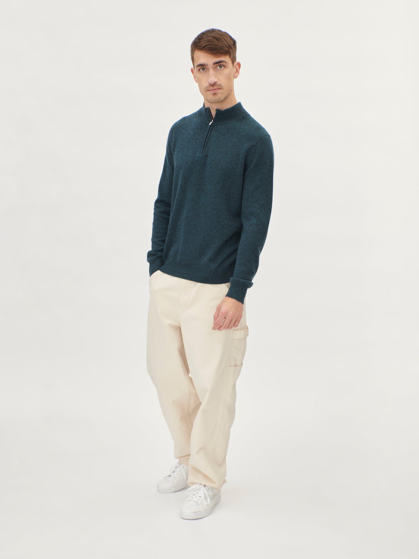 Men's Cashmere Basic Slim Fit Half Zip Polo Sea Moss - Gobi Cashmere