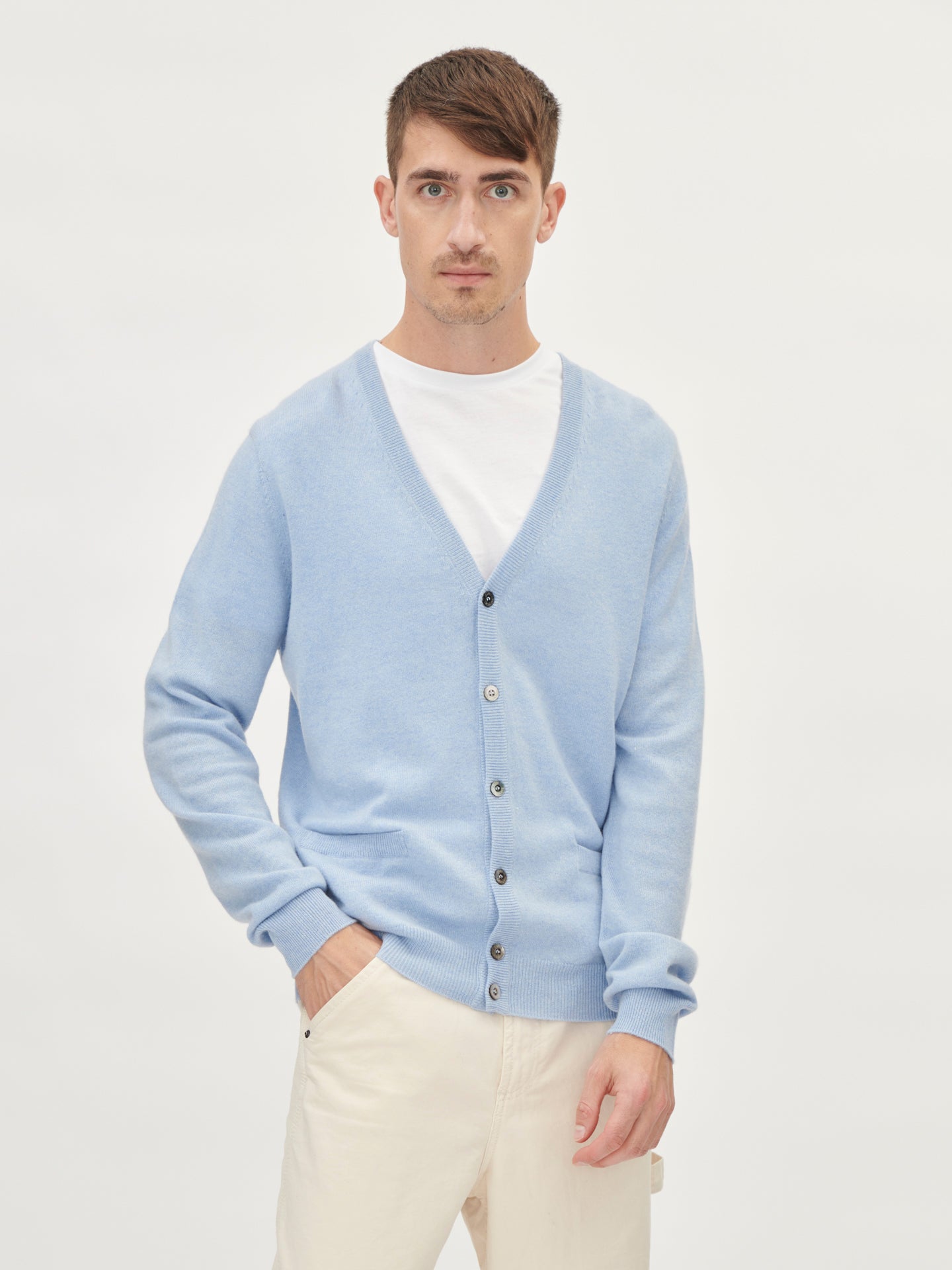 Men's Cashmere V-Neck Cardigan Light Blue - Gobi Cashmere