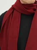 close up of a man wearing a red scarf over a black sweater bordeaux