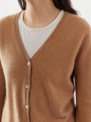 close up of a brown colored v-neck cardigan over a white shirt #color_sheepskin