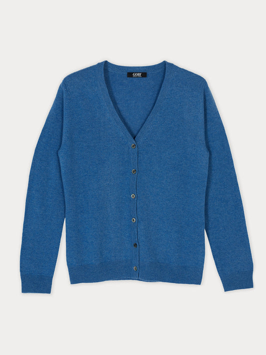 Women's Cashmere V-neck Cardigan Blue - Gobi Cashmere