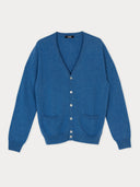 a blue v-neck cardigan with pockets on white background #color_blue