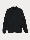 A black full-zip cashmere cardigan with long sleeves, displayed against a neutral background. #color_charcoal