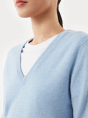 close up of woman wearing a blue v-neck sweater over a white shirt on a light gray background #color_light-blue