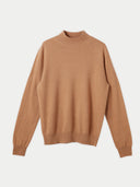 A beige cashmere mock neck sweater on a plain background. #color_sheepskin
